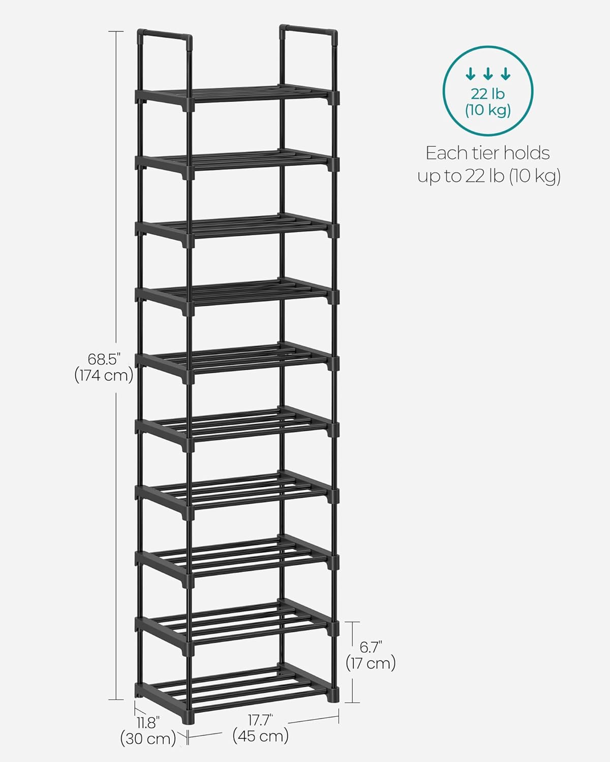 SONGMICS 10-Tier Shoe Rack - Versatile Metal Organizer for 11-22 Pairs | Black, 11.8 x 17.7 x 68.5 Inches