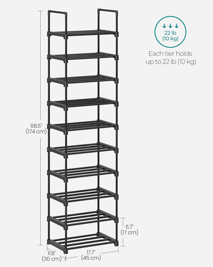SONGMICS 10-Tier Shoe Rack - Versatile Metal Organizer for 11-22 Pairs | Black, 11.8 x 17.7 x 68.5 Inches