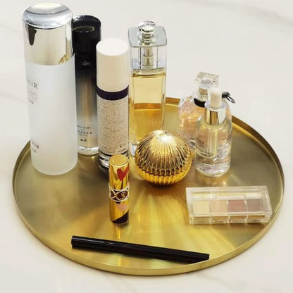 FREELOVE Gold Serving Tray, Decorative Platters and Trays for Perfume Jewelry Comestics Food Coffee Tea Candle, Bath Vanity Counter Bathroom Table (Light Gold, 14 inch)