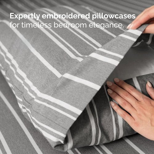 Full XL Bed Sheet - 4 Piece Full XL Bed Sheets Set - Soft, Breathable & Cooling - Hotel Luxury Bedding for Women, Men, Kids, Teens, Boys & Girls - Deep Pockets, Fade and Wrinkle Free - Grey Stripes