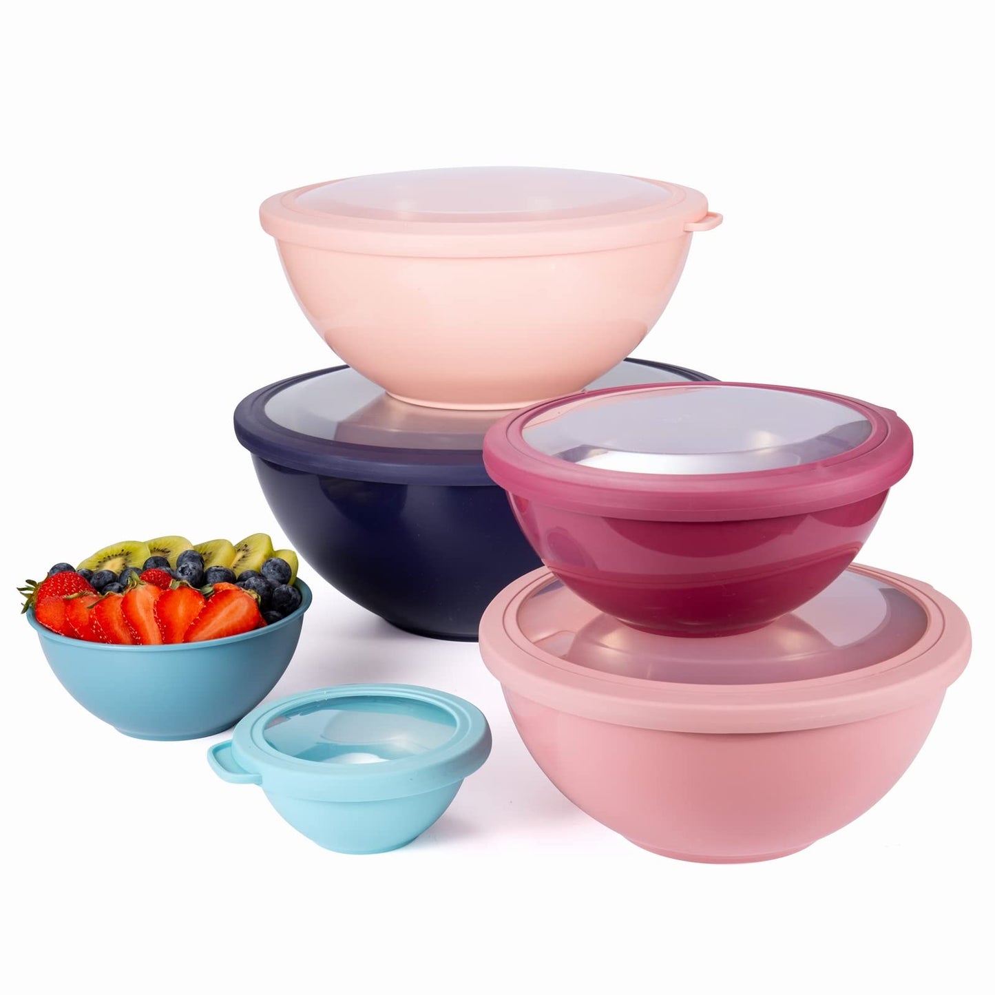 COOK WITH COLOR Mixing Bowls with TPR Lids - 12 Piece Plastic Nesting Bowls Set includes 6 Prep Bowls and 6 Lids, Microwave Safe Mixing Bowl Set (Multicolored Set with Large Blue Bowl)