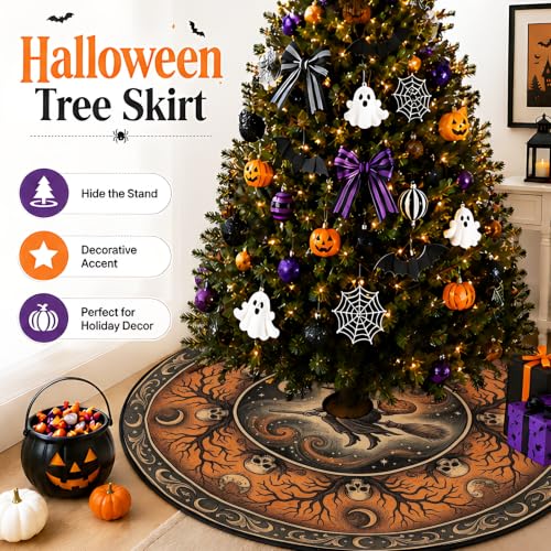Gothic Witch Halloween Tree Skirt 60 Inch - Orange & Black, Skulls & Moon Design