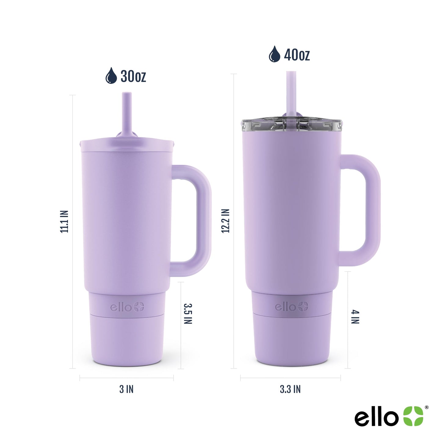 Ello Port 30oz Tumbler with Carry Loop & Integrated Handle | Vacuum Insulated Stainless Steel Reusable Water Bottle Travel Mug | Leak Proof Lid | Flexible Straw | BPA-Free | Dishwasher Safe | Lilac