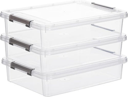 Citylife 3 PCS Plastic Storage Bins - Stackable Clear File Boxes with Latching Lids for A4 Paper & Documents