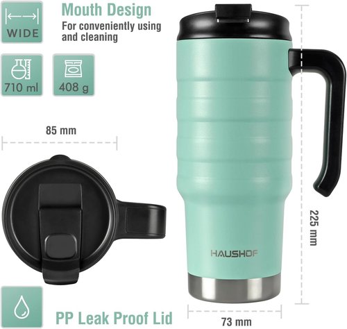 HAUSHOF 24 oz Travel Mug - Stainless Steel Double Wall Insulated Tumbler with Handle & Spill-Proof Lid