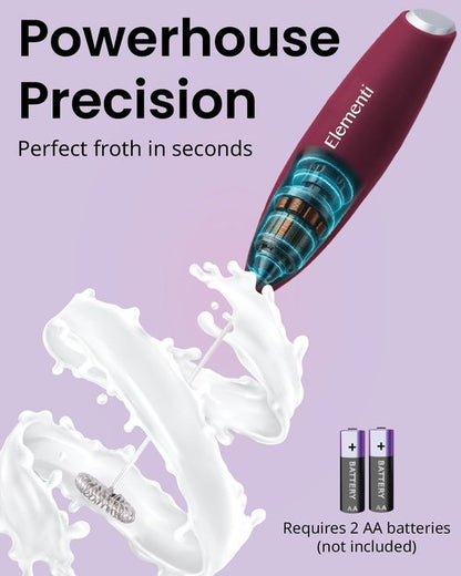 Elementi Milk Frother Wand & Drink Mixer with Stand - Turbo Milk & Coffee Frother Handheld - Hand Held Coffee Mixer Wand & Cold Foam Maker for Frothy Cappuccinos, Lattes & Drink Mixes (Burgundy)