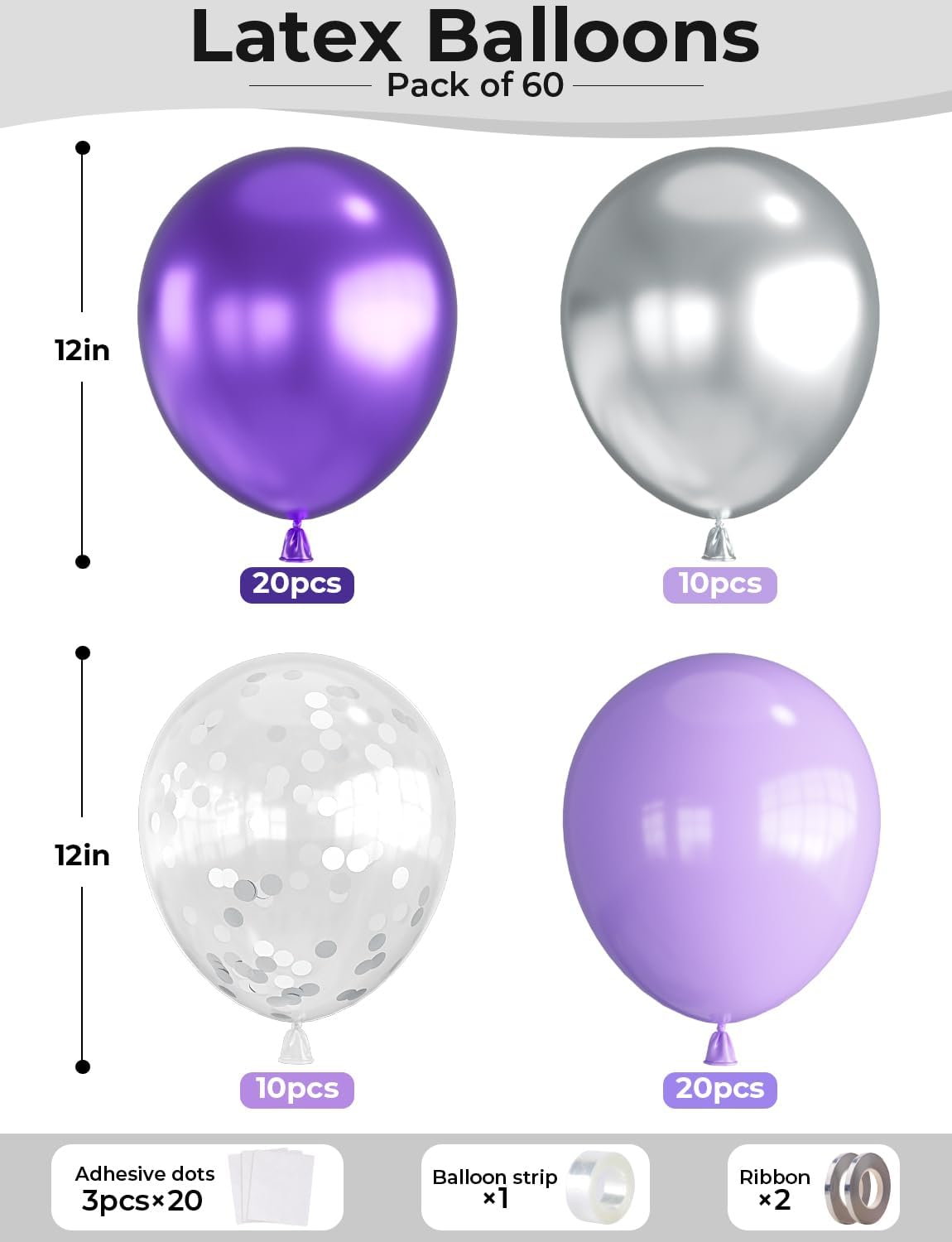 Skiennix 12-Inch Purple & Silver Balloons - 60pcs Pastel Lavender Confetti for Parties & Celebrations