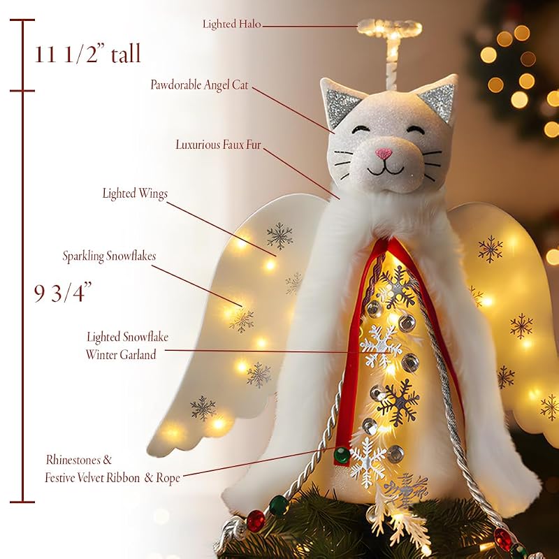 Christmas Cat Angel Tree Topper with LED Halo — White Glowing Wings