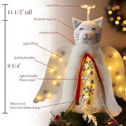 Christmas Cat Angel Tree Topper with LED Halo — White Glowing Wings