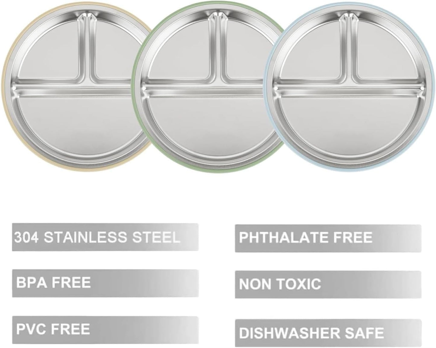 PandaEar Stainless Steel Baby Suction Plates - Divided Toddler Feeding Set | Dishwasher Safe (Blue/Green/Brown)