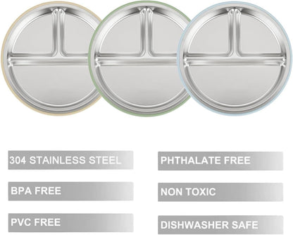 PandaEar Stainless Steel Baby Suction Plates - Divided Toddler Feeding Set | Dishwasher Safe (Blue/Green/Brown)