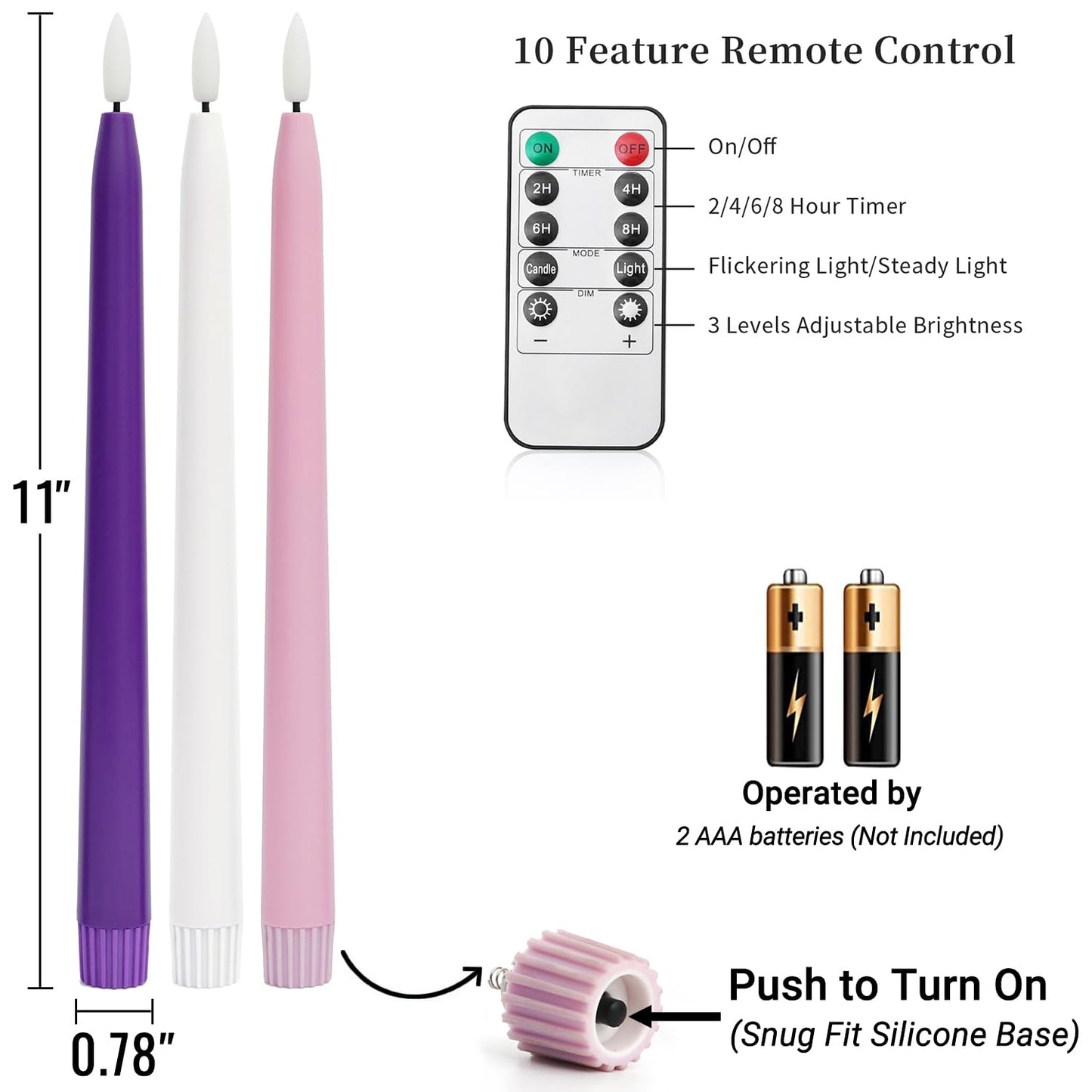 Stmarry Flameless Advent Candles, Set of 5 - Flickering LED Flame, 11 Inch Taper Candlesticks, Remote Controlled - 3 Purple, 1 Pink, 1 White for Christmas Wreath