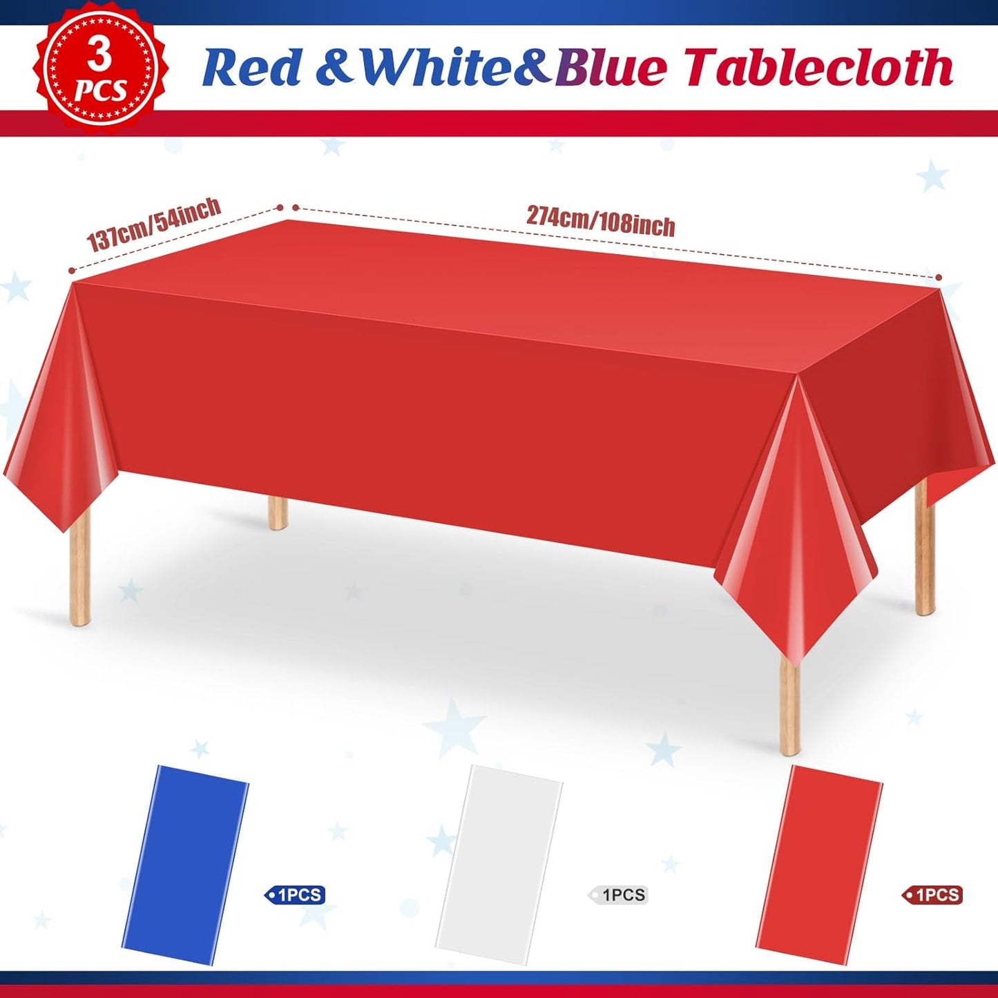 Red White And Blue Disposable Tablecloths by [Brand Name] - 3 Pack Rectangle Covers for 4th of July | 54 x 108 Inch