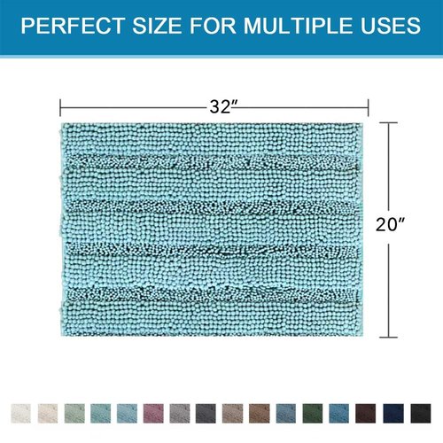 H.VERSAILTEX Bath Rugs for Bathroom Non Slip Bath Mats Extra Thick Chenille Striped Rug 20" x 32" Absorbent Non Skid Fluffy Soft Shaggy Washable Plush Mat for Indoor, Bath Room, Tub - Aqua Haze