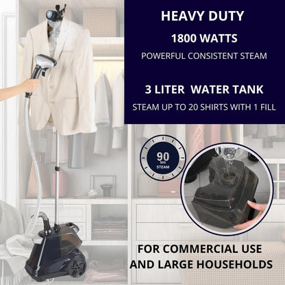 SALAV Heavy Duty Commercial Full-Size Garment Steamer with Foot Pedals and Extra Large 3L (101.5 oz) Water Tank, 1800 watts of Poweful Steam (Navy)