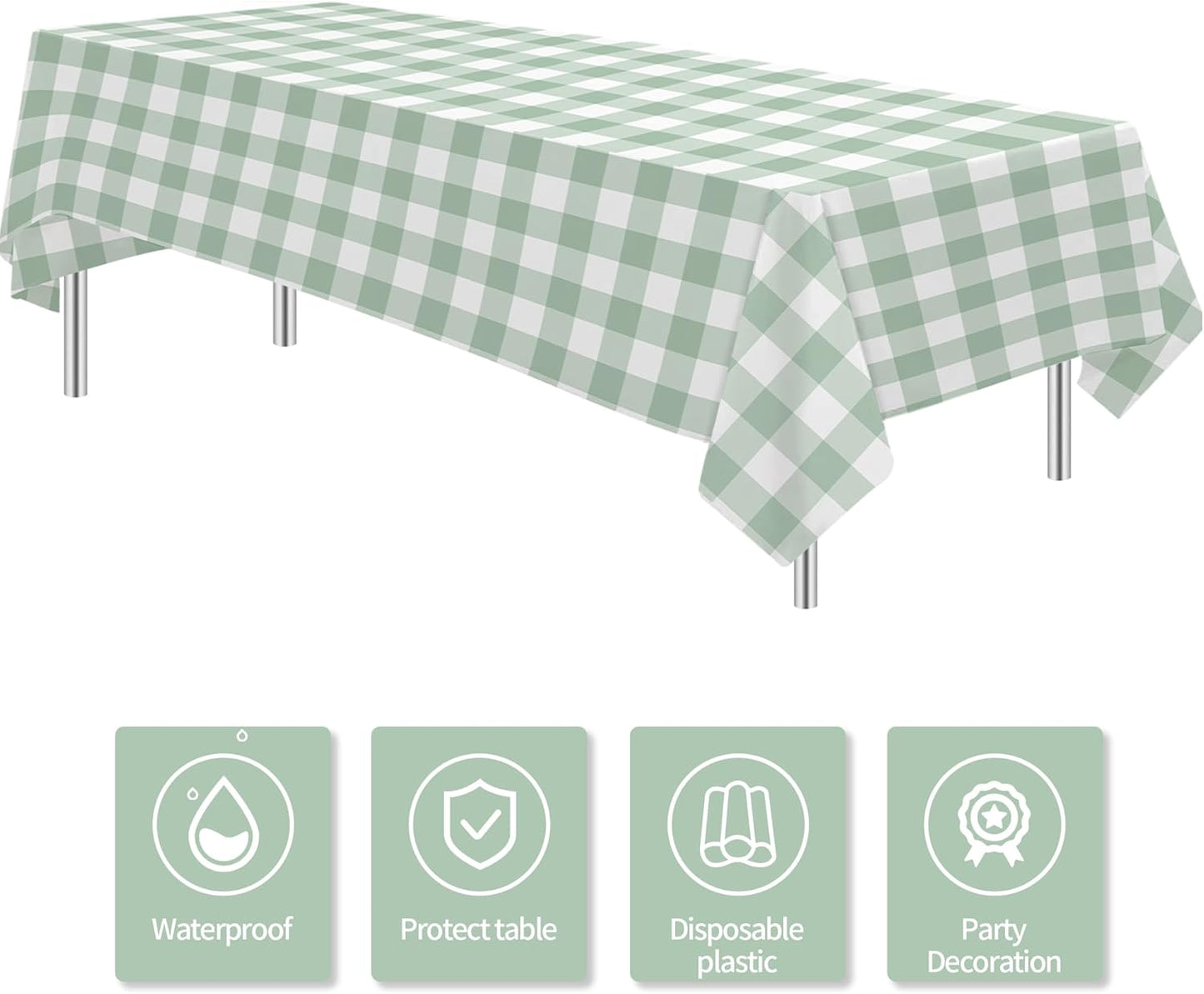 Sage Green Gingham Tablecloths - 3 Pack Disposable Plaid Party Supplies | 55in x 86in for Events