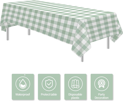 Sage Green Gingham Tablecloths - 3 Pack Disposable Plaid Party Supplies | 55in x 86in for Events