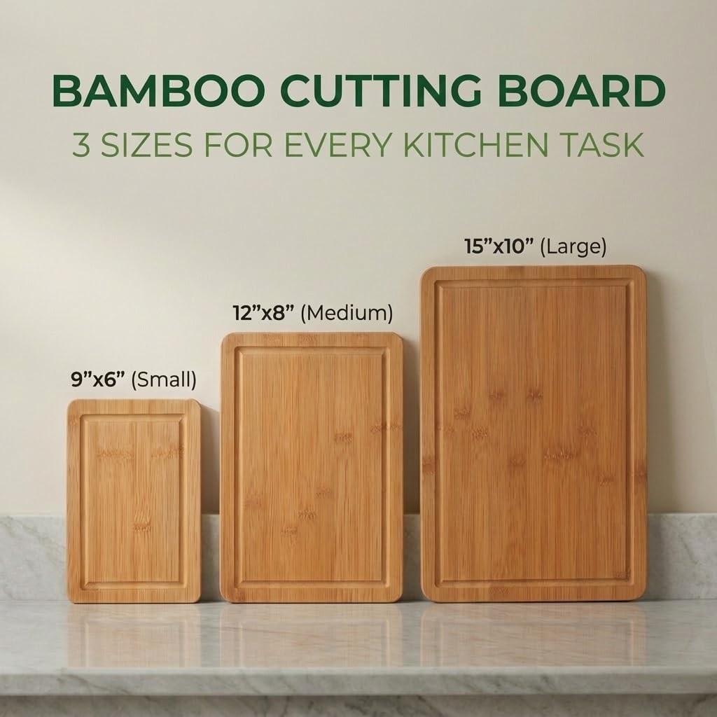 Skiennix 3-Piece Bamboo Cutting Board Set - Deep Juice Grooves & Easy-Grip Handles | Durable, Knife-Friendly Boards for Meat, Vegetables & Fruit