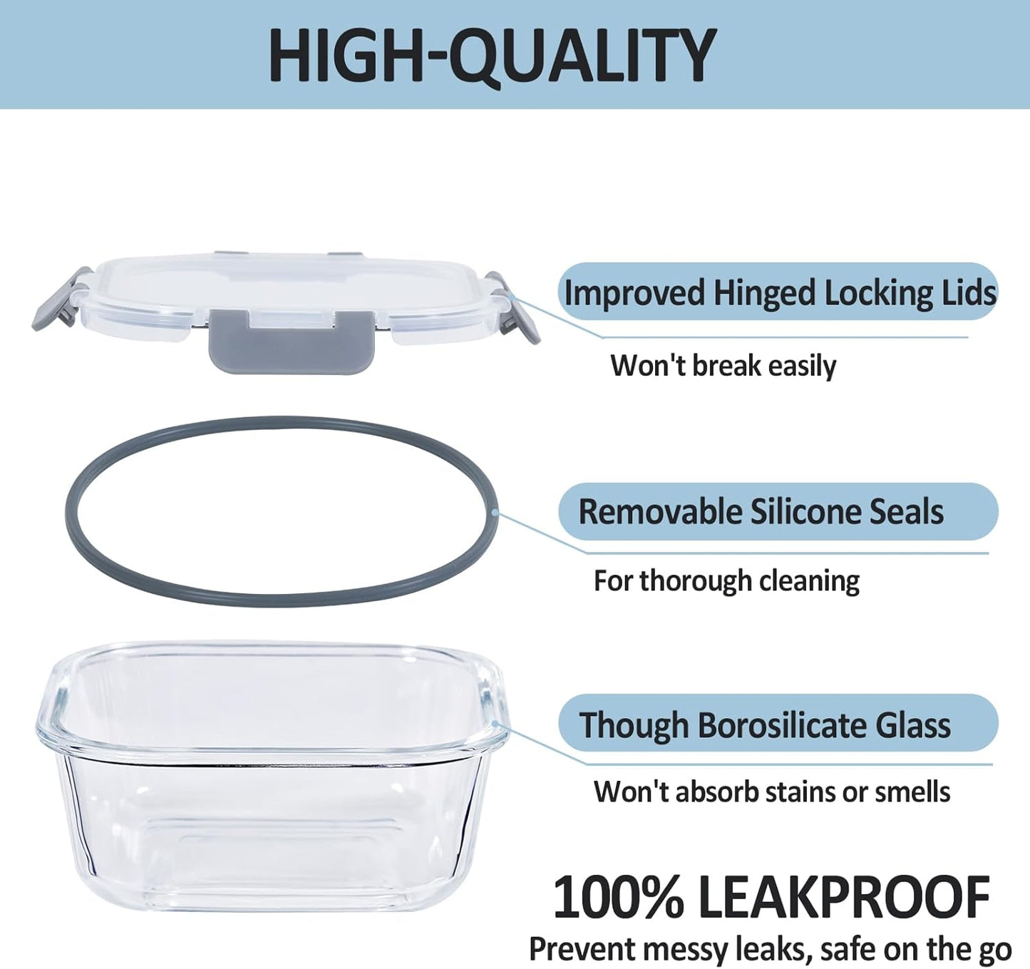 Regine Switzerland Glass Food Storage Containers - Airtight & Leak Proof, 4 Pack, BPA Free, Grey