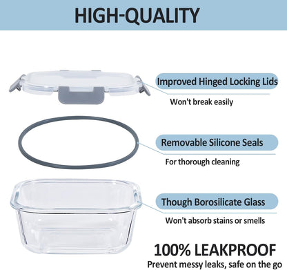 Regine Switzerland Glass Food Storage Containers - Airtight & Leak Proof, 4 Pack, BPA Free, Grey