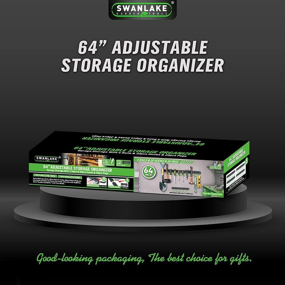 SWANLAKE Adjustable 64-Inch Wall-Mounted Tool Organizer - Plastic Storage System with Hooks, Black