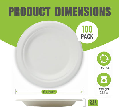Skiennix Disposable White Paper Plates - 6 Inch Heavy Duty Biodegradable & Compostable | 100 Count, Leak-Proof, Microwave Safe for Parties & Snacks