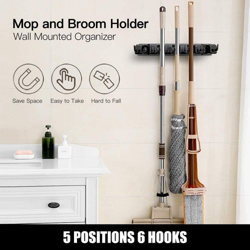 IMILLET Broom Holder Set - 2 Pack Plastic & 1 Pack Wood for Easy Storage | Durable & Space-Saving