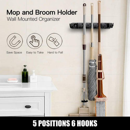 IMILLET Mop and Broom Holder - Wall Mounted Organizer with 5 Ball Slots & 6 Hooks | Black, 2 Pack
