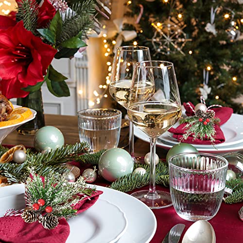 Set of 12 Christmas Snowy Pine Cone Napkin Rings with Red Berries - Green