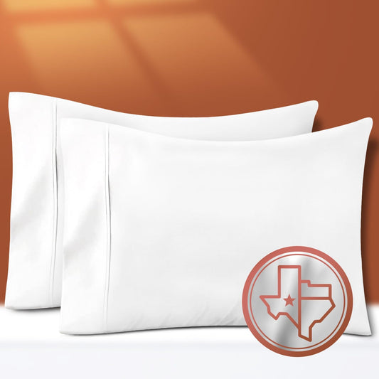 Texas Linen Co. 100% Egyptian Cotton Pillow Cases - Soft Silky Sateen Weave, Set of 2, White Standard/Queen