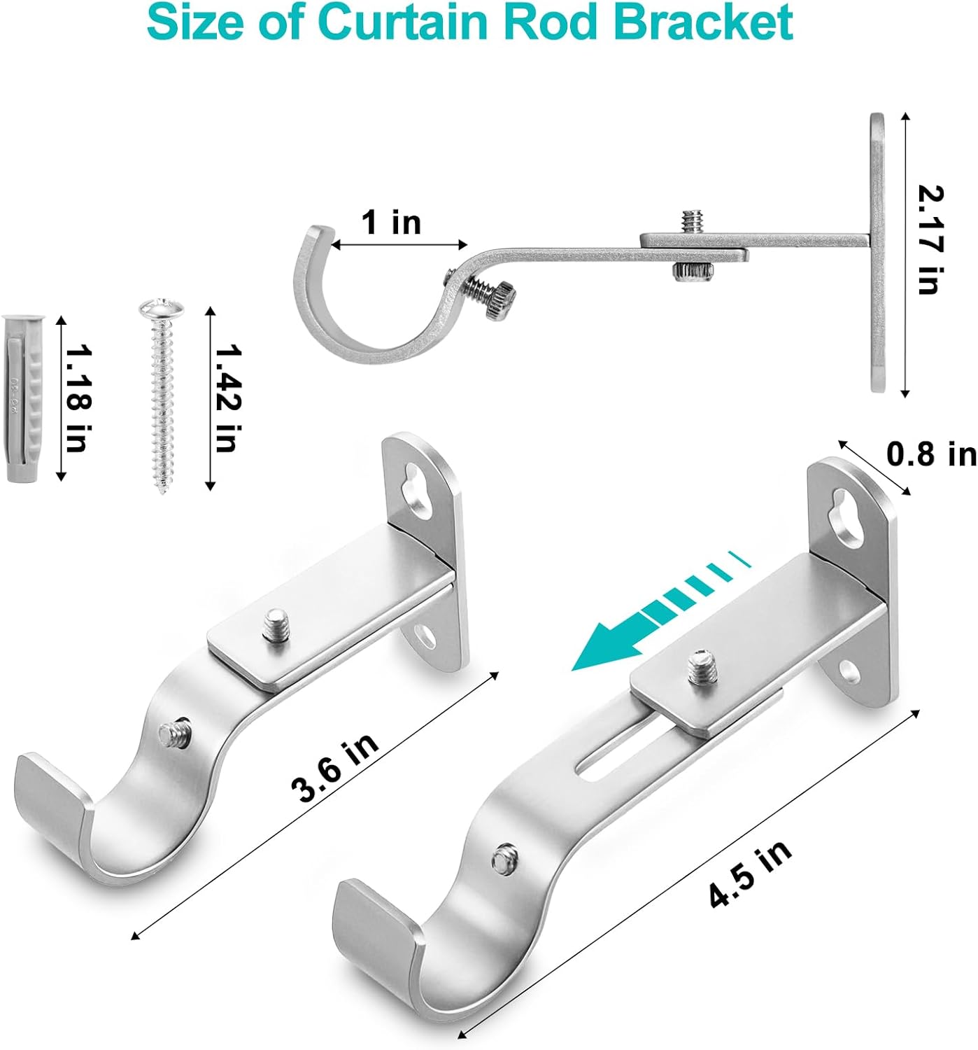 Skiennix Adjustable Curtain Rod Brackets - Durable Metal Drapery Hanger Holders for 1-Inch Rods | Satin Silver, Set of 2