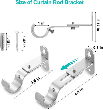Skiennix Adjustable Curtain Rod Brackets - Durable Metal Drapery Hanger Holders for 1-Inch Rods | Satin Silver, Set of 2