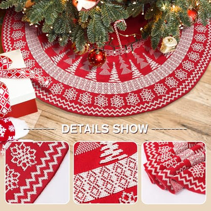 Knitted Christmas Tree Skirt 48 Inch Snowflake Cable Knit Holiday Decor Red Burgundy