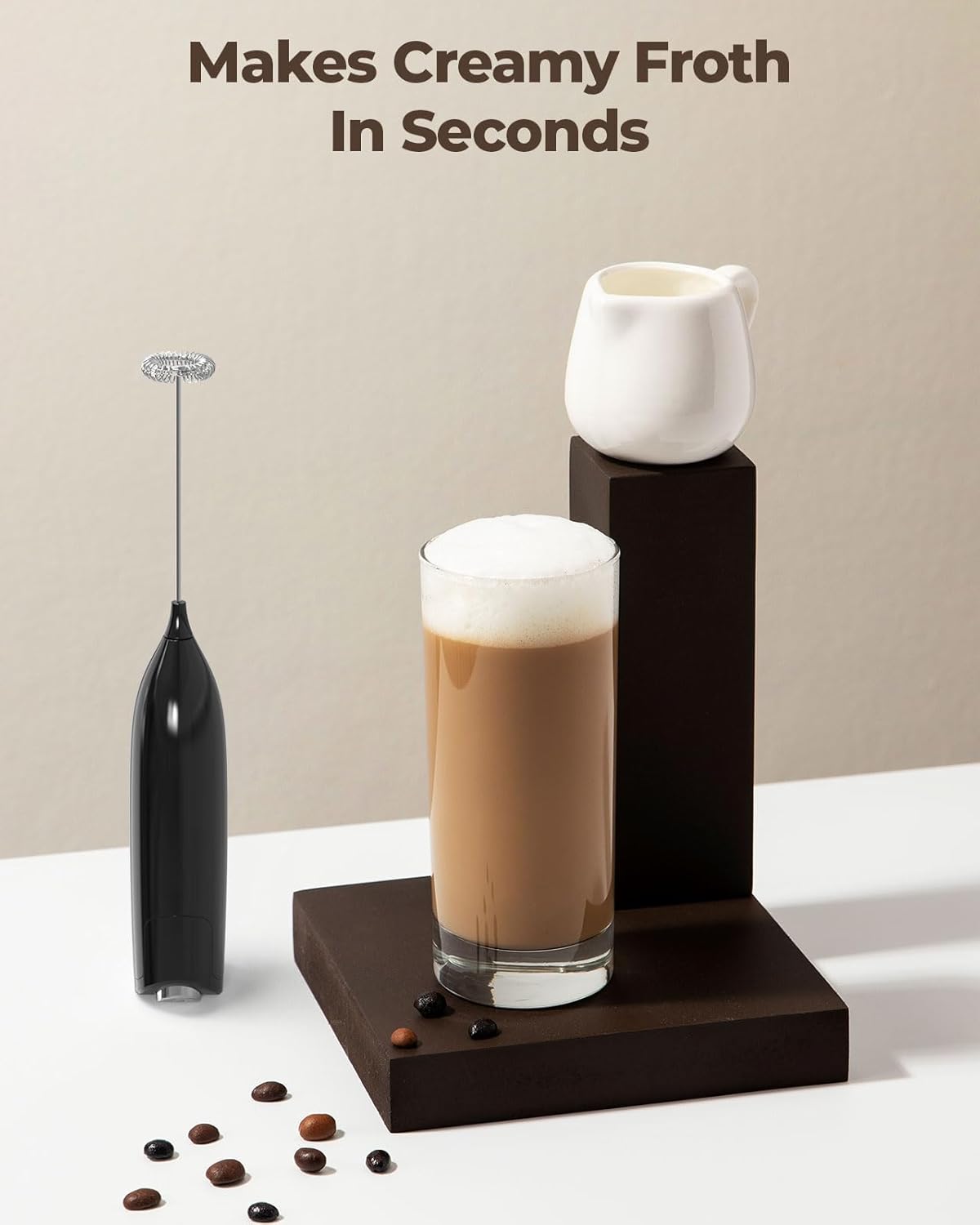 SimpleTaste Handheld Electric Milk Frother - Stainless Steel Whisk for Cappuccino & Latte | Midnight Black