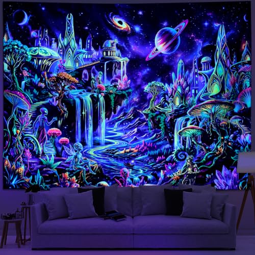 Blacklight Galaxy Space Tapestry UV Mushroom Planet Wall Hanging - Alien, 59.1" x 51.2"