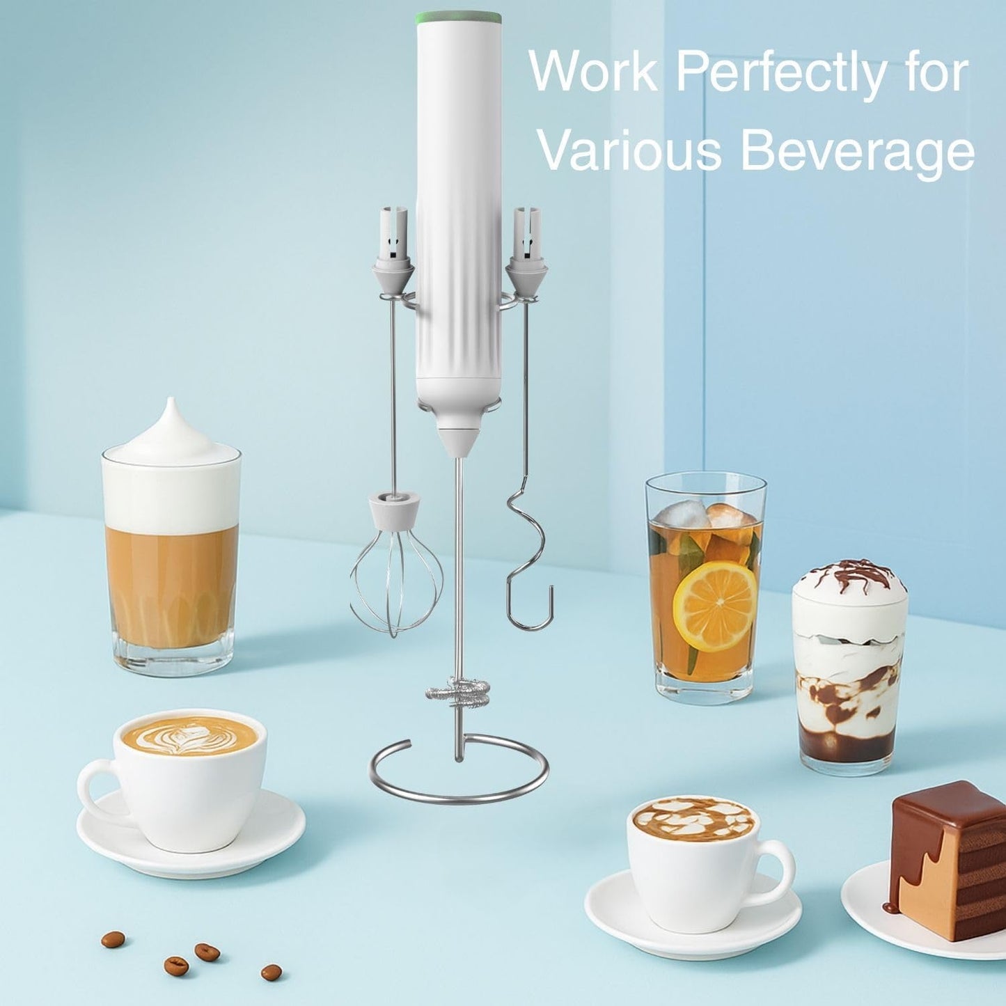 Skiennix Milk Frother - Rechargeable Electric Drink Mixer with 3 Whisks & Travel Case - White