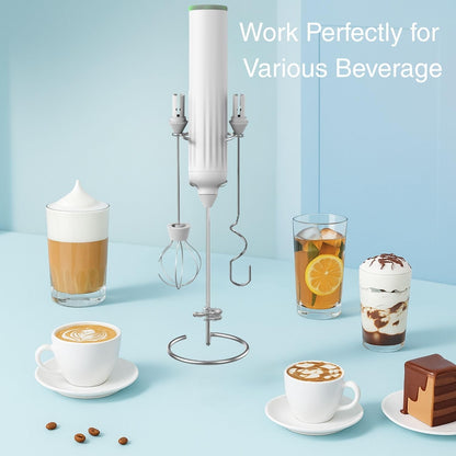 Skiennix Milk Frother - Rechargeable Electric Drink Mixer with 3 Whisks & Travel Case - White