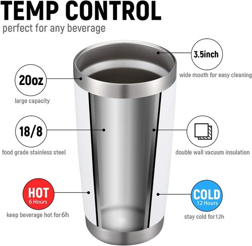 COMOOO 20oz White Double Wall Vacuum Insulated Tumblers - 8 Pack Stainless Steel Travel Mugs with Lids & Straws