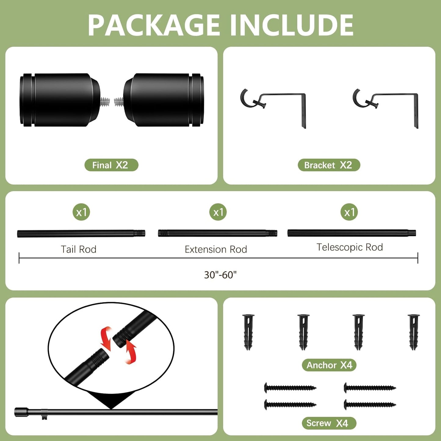 Adjustable Black Curtain Rods by [Brand Name] - 5/8” Diameter, 30-60 Inch for 30-54 Inch Windows