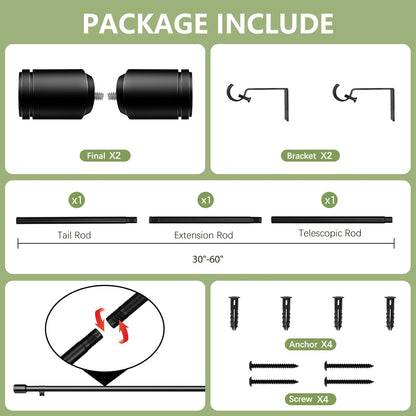 Adjustable Black Curtain Rods by [Brand Name] - 5/8” Diameter, 30-60 Inch for 30-54 Inch Windows