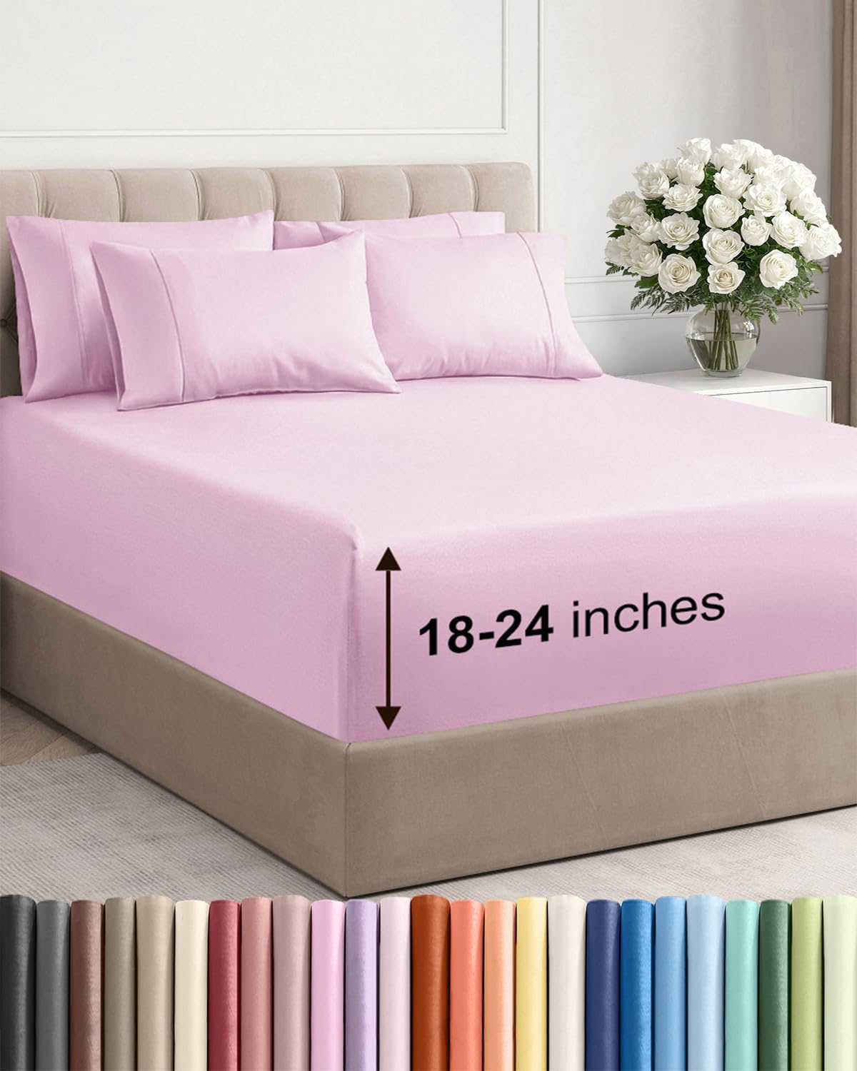 Skiennix Extra Deep Cal King Sheet Set - 6 Piece Breathable Cooling Bedding - Soft Wrinkle-Free Light Pink