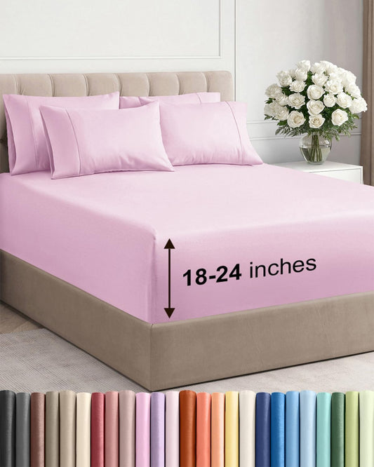 Skiennix Extra Deep Full Sheet Set - 6 Piece Breathable Cooling Bedding - Soft Wrinkle-Free Light Pink