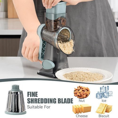 KEOUKE Rotary Cheese Grater - Hand Crank Shredder with 3 Stainless Steel Blades | Safe Kitchen Tool for Cheese, Veggies, Nuts, Chocolate