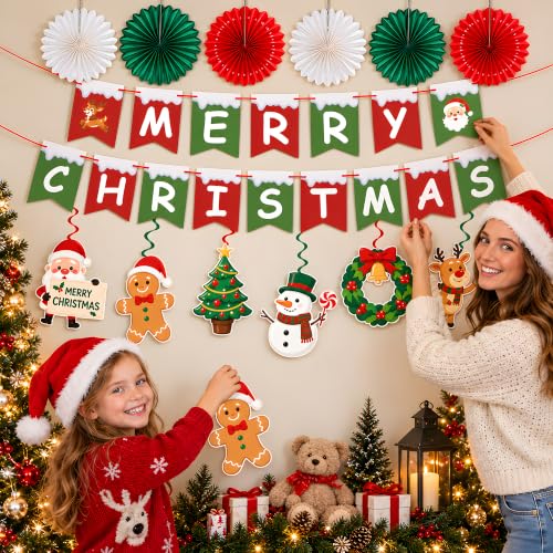 Christmas Decorations Set - Red White Green Xmas Banner Paper Fans Swirls & Honeycomb