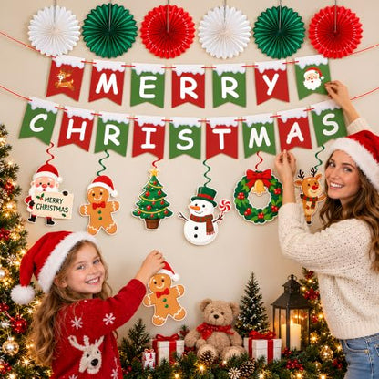 Christmas Decorations Set - Red White Green Xmas Banner Paper Fans Swirls & Honeycomb