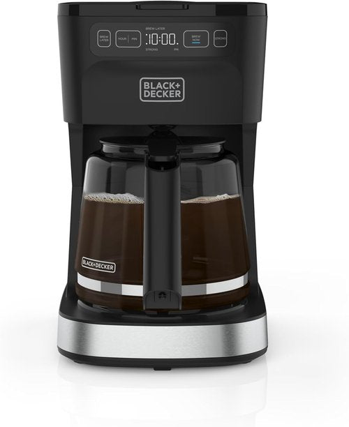 BLACK+DECKER CaféCraft 12-Cup Programmable Coffee Maker - Stainless Steel Drip Design with Vortex Showerhead & Strength Selector