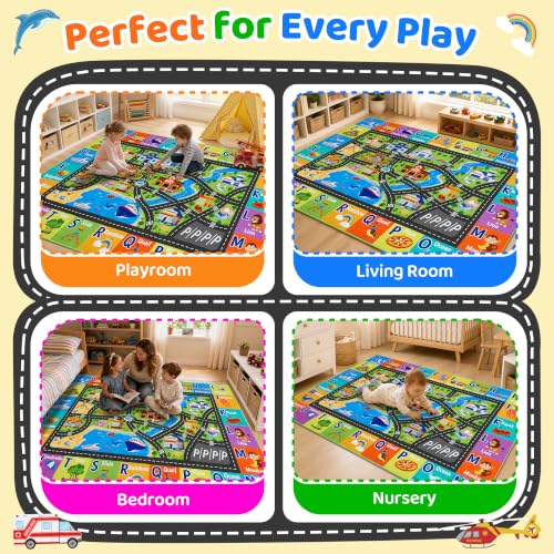 Kids Play Rug 3x5 ft Non-Slip Car Road Play Mat - Washable Soft Road Carpet for Kids Room, Playroom, Classroom, Car Rug 1, 3 x 5 Feet