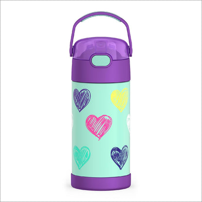 THERMOS FUNTAINER Water Bottle - 12 Ounce Kids Stainless Steel Vacuum Insulated with Straw | Hearts Design