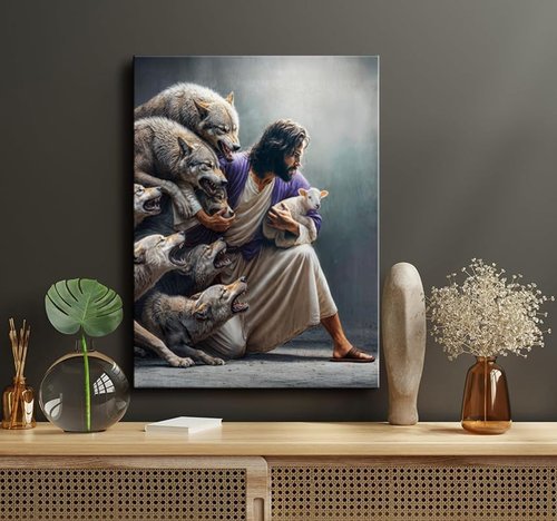Christian Wall Art - Jesus the Good Shepherd Canvas Print | Guardian Shepherd Protecting Lambs - Ideal for Home Decor & Gifts