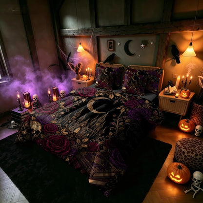 Gothic Comforter Set Queen 7 Piece Halloween Skull Bedding with Red Roses - Skull 03 Variation